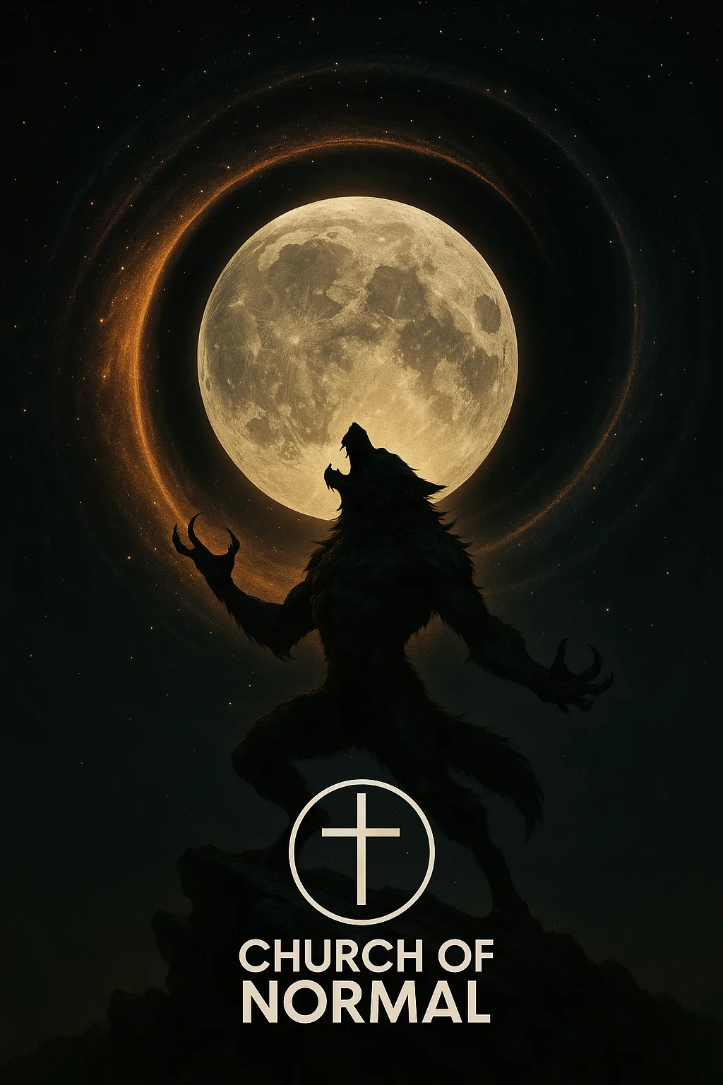 Church of Normal mark — werewolf howling before a ringed full moon, circle-cross emblem below