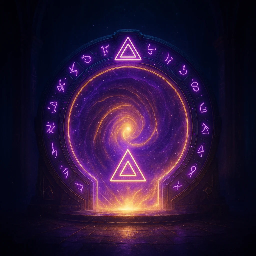 A violet ring of glowing runes opens onto a gold spiral of light above stone steps.