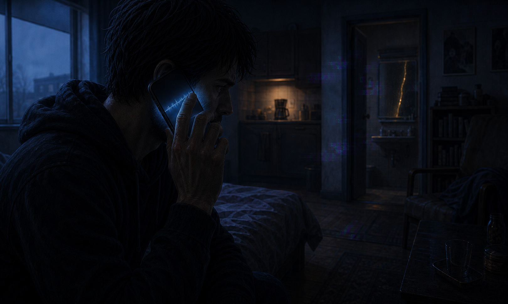 In the cold predawn apartment, the anonymous protagonist listens to their own deeper voice through a glowing phone while a faint amber seam waits in the distant bathroom mirror.