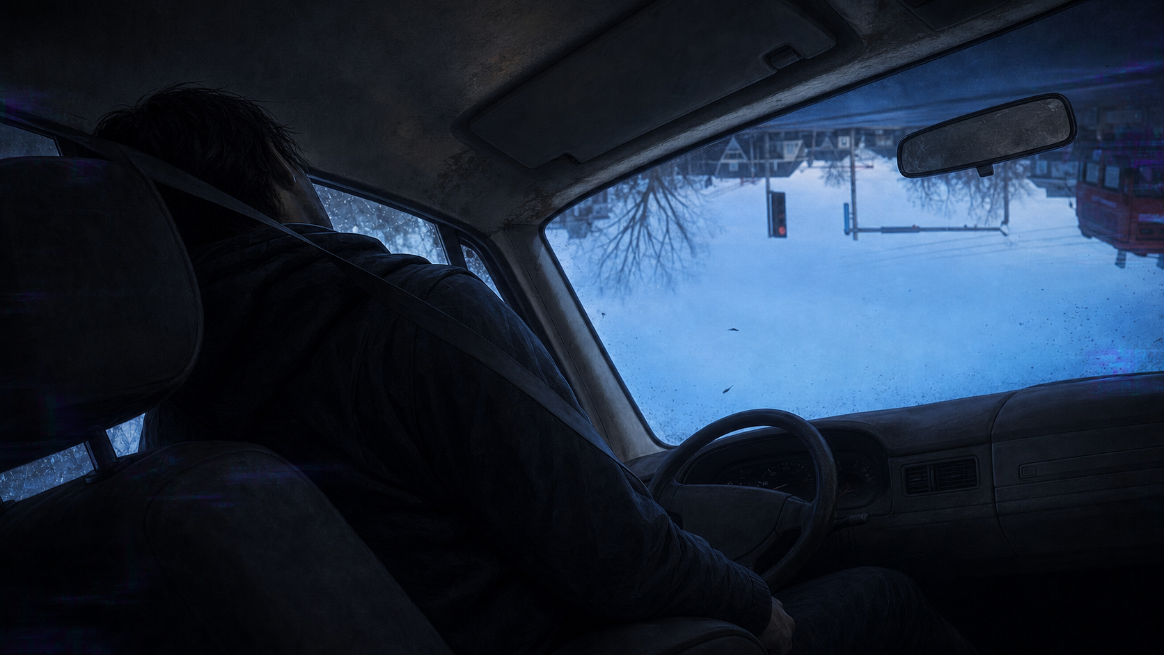 Inside a tilted car after a quiet collision, the anonymous protagonist hangs against the seat while an upside-down blue sky fills the windshield.