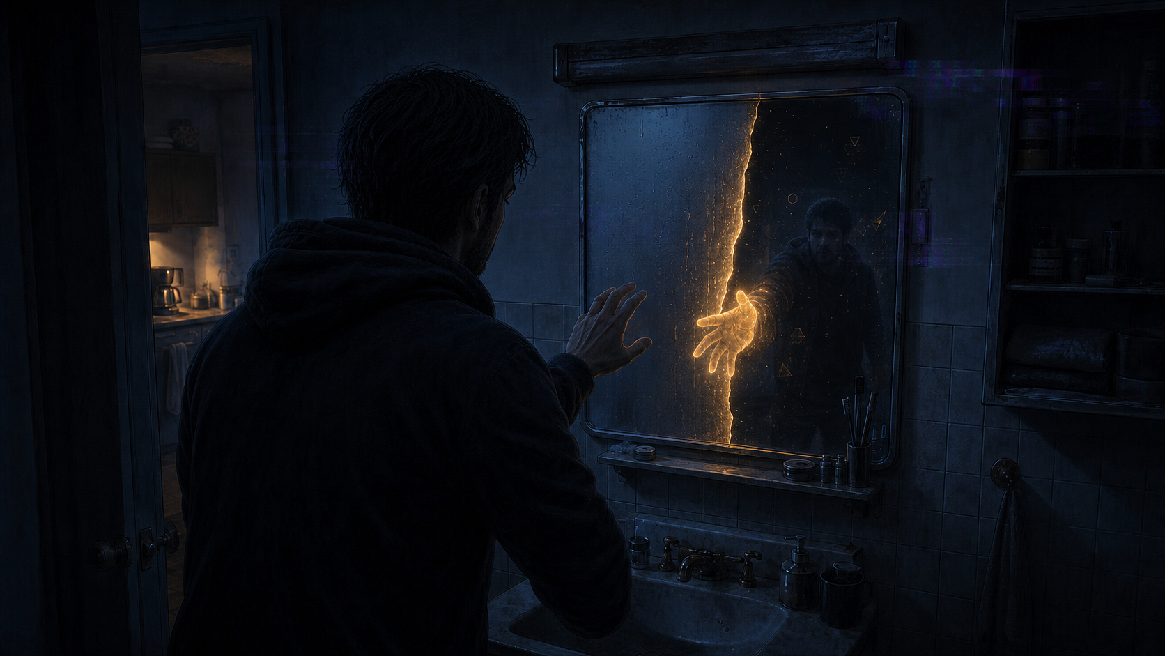 The anonymous protagonist faces an intact bathroom mirror opening along one amber crack as their deeper reflection offers a luminous hand through the glass.