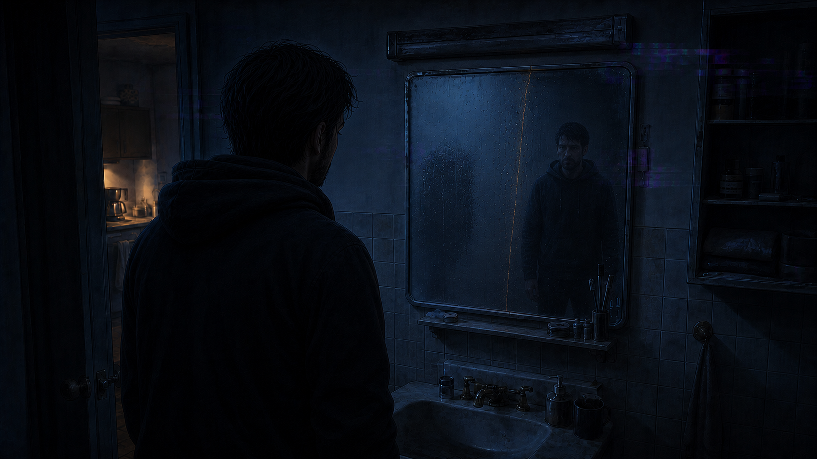 The anonymous protagonist has stepped back from the bathroom mirror as its amber seam fades and the deeper reflection waits with a gentle, sad expression.