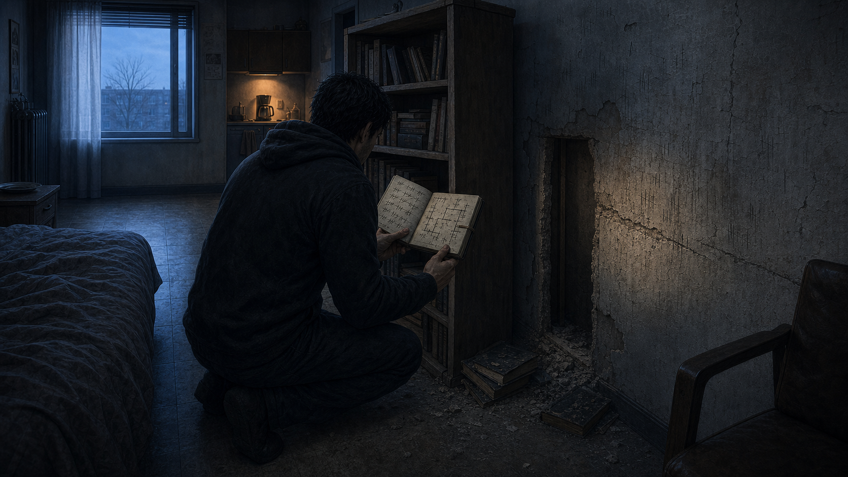 In the cold predawn apartment, the anonymous protagonist kneels beside a displaced bookshelf holding open a marked notebook found in a hidden wall cavity.