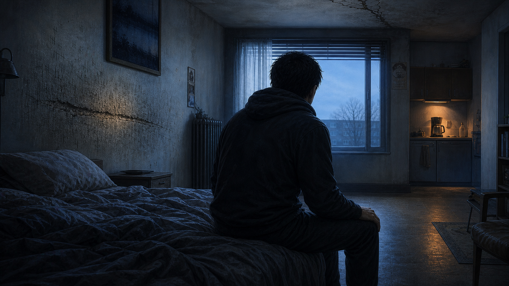Back at 6:47 AM, the anonymous protagonist sits unnaturally still beside a wall scarred by hundreds of overlapping tally marks.