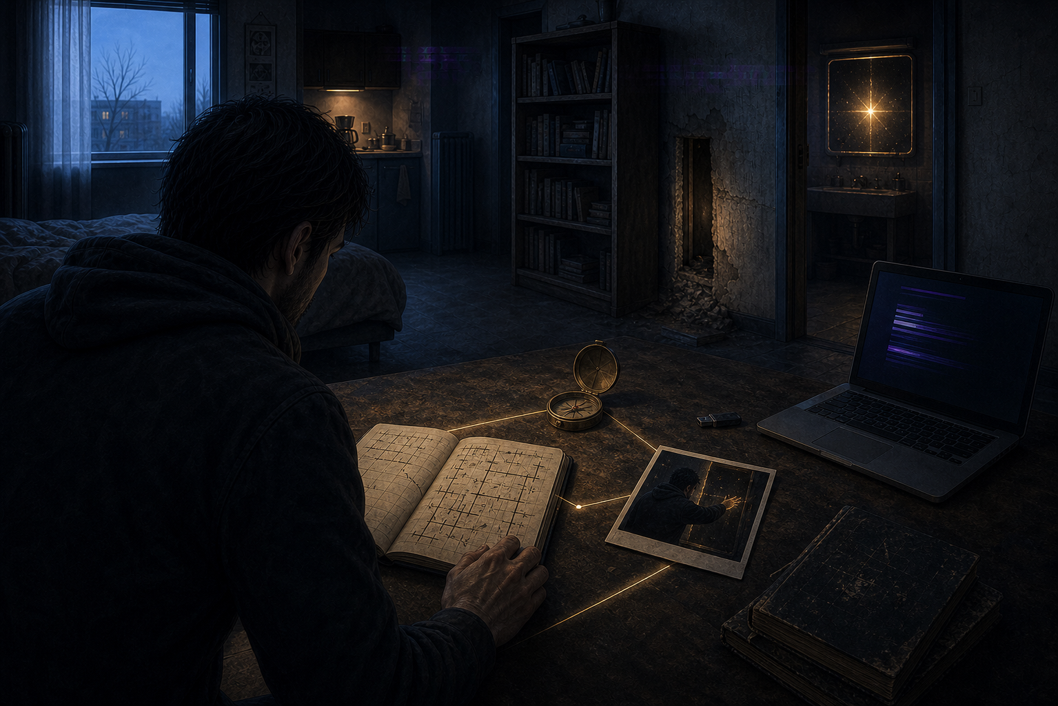 The anonymous protagonist studies a handled cluster of notebook maps, a brass compass, a Polaroid, and a USB beside a laptop as every clue points toward the bathroom mirror.