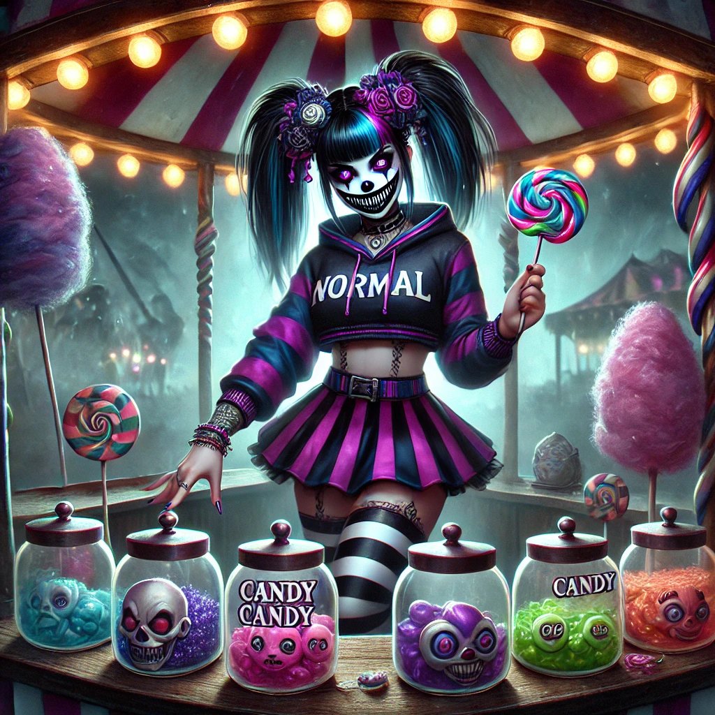 Sinister Blu running a twisted carnival candy stand, purple glowing eyes, NORMAL hoodie