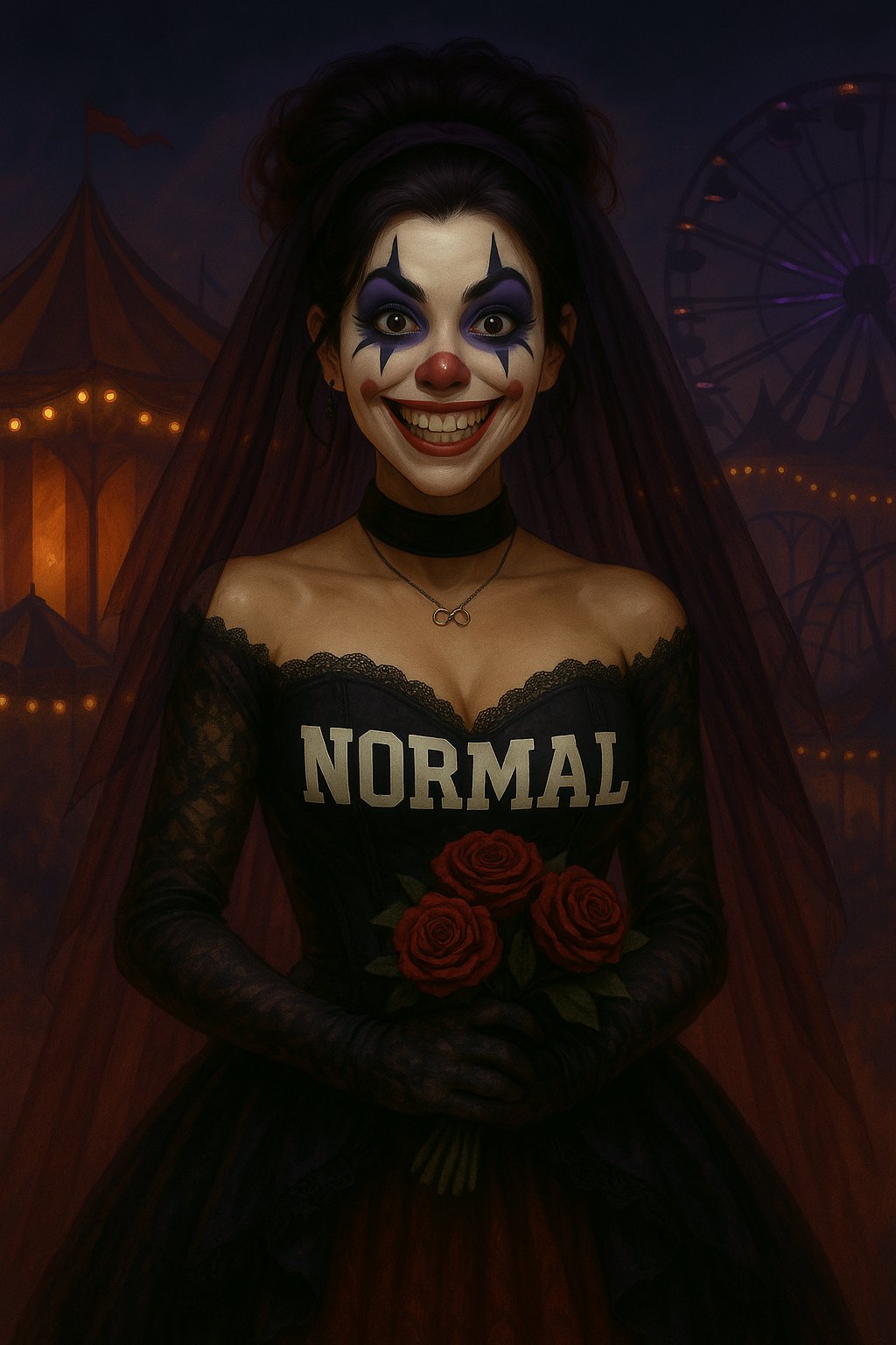 Painterly clown bride in black NORMAL corset with red roses at a midnight carnival
