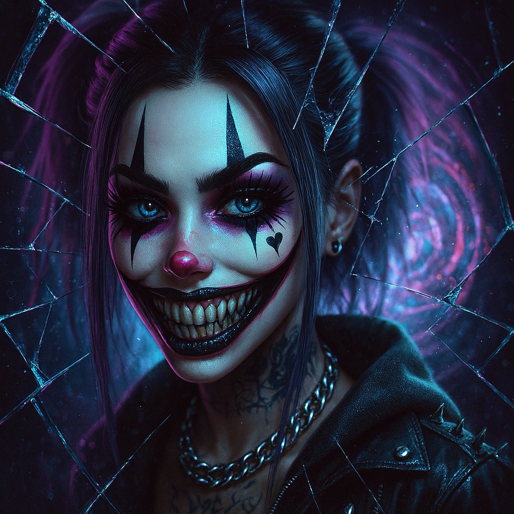 Photoreal closeup — Sinister Blu grinning behind shattered glass