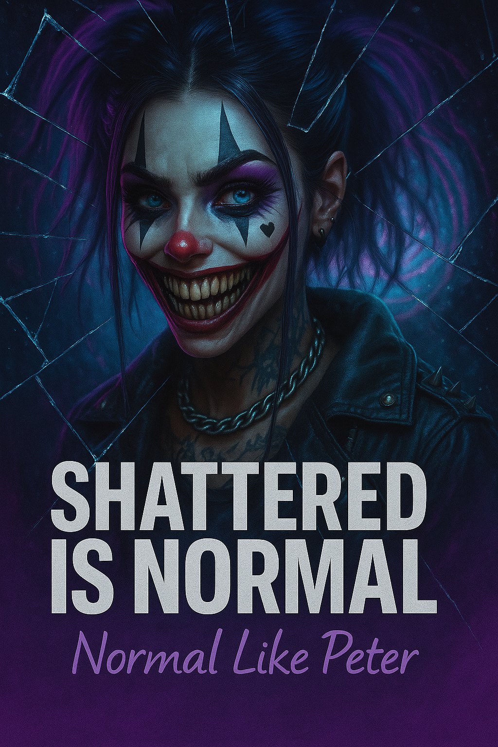 Poster — SHATTERED IS NORMAL, grinning clown behind broken glass