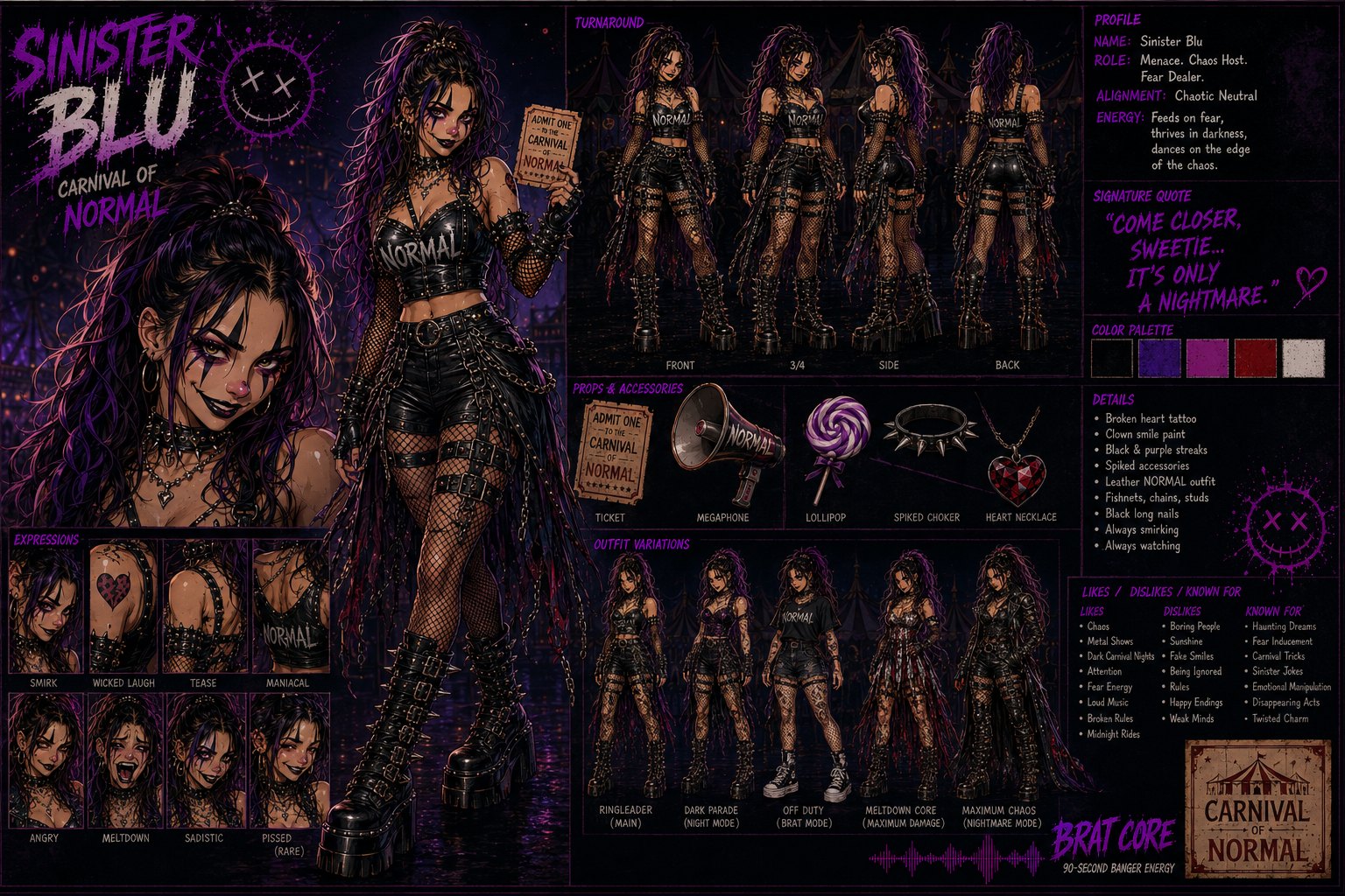 Sinister Blu 2026 anime master sheet — turnaround, expressions including maniacal and pissed (rare), props, five outfit modes