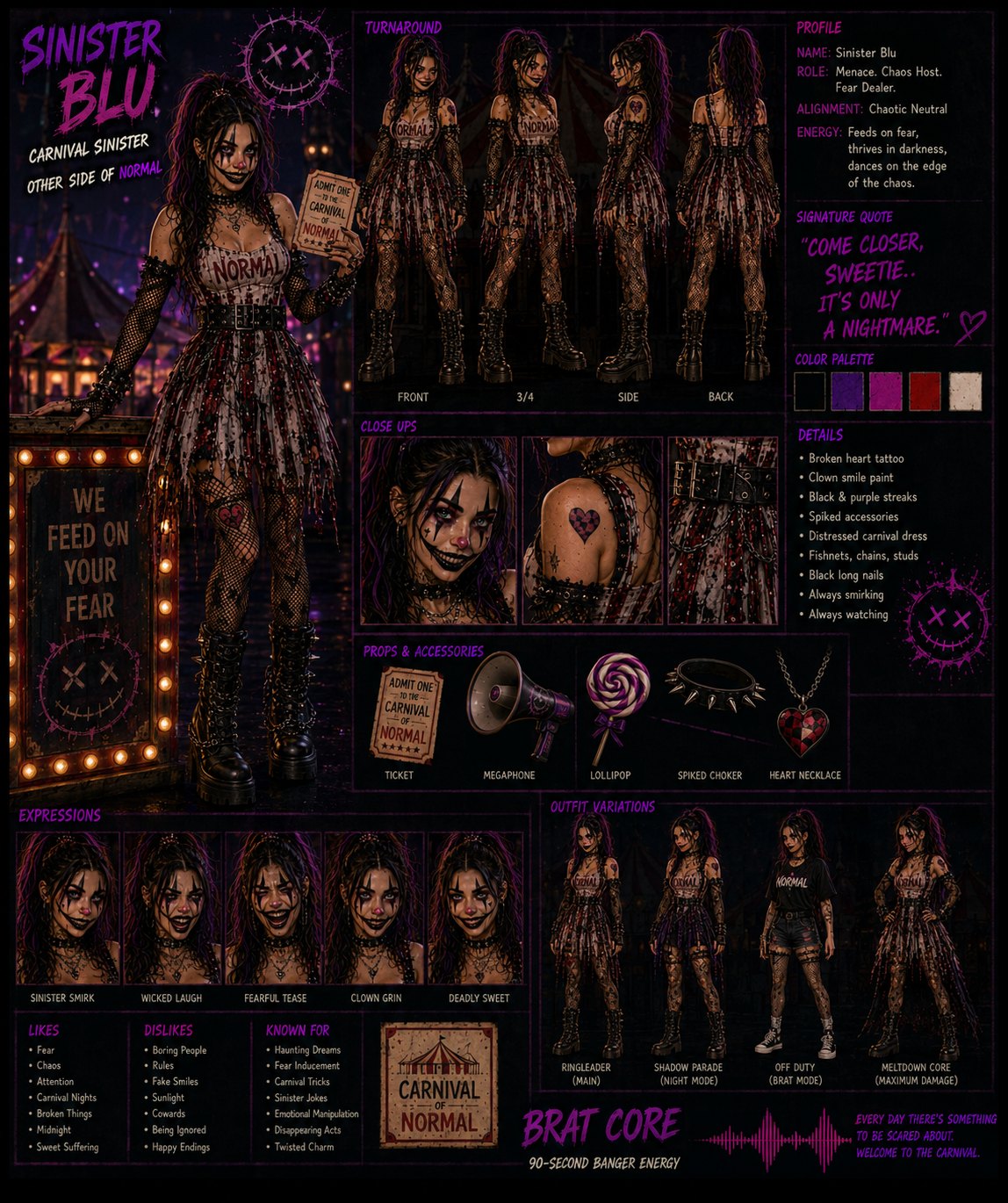 Sinister Blu 2026 carnival sheet — distressed carnival dress edition with turnaround, closeups, props, expressions, outfit variations