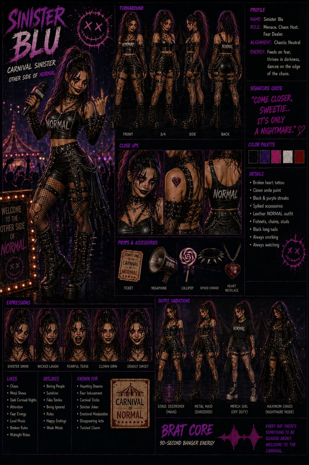 Sinister Blu 2026 stage sheet — leather stage edition with mic, turnaround, closeups, outfit variations