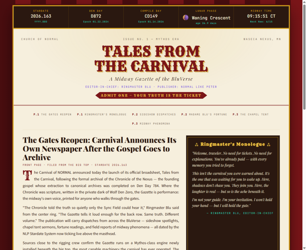 Tales from the Carnival masthead: ornate crimson and gold carnival-broadsheet banner for the Midway Gazette of the BluVerse
