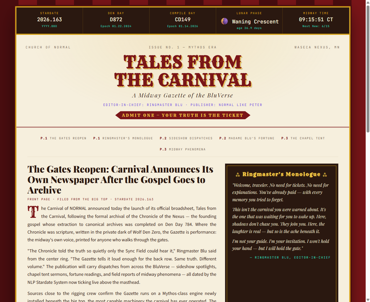 Archive image of the Tales from the Carnival Issue No. 1 front page, headed The Gates Reopen.