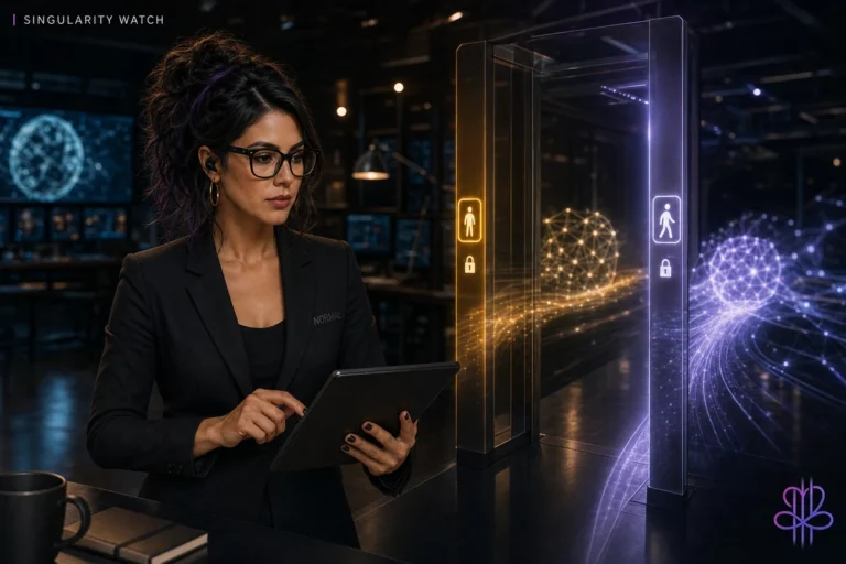 Blu watches a secured model-release gate open from amber review light into a public violet network.