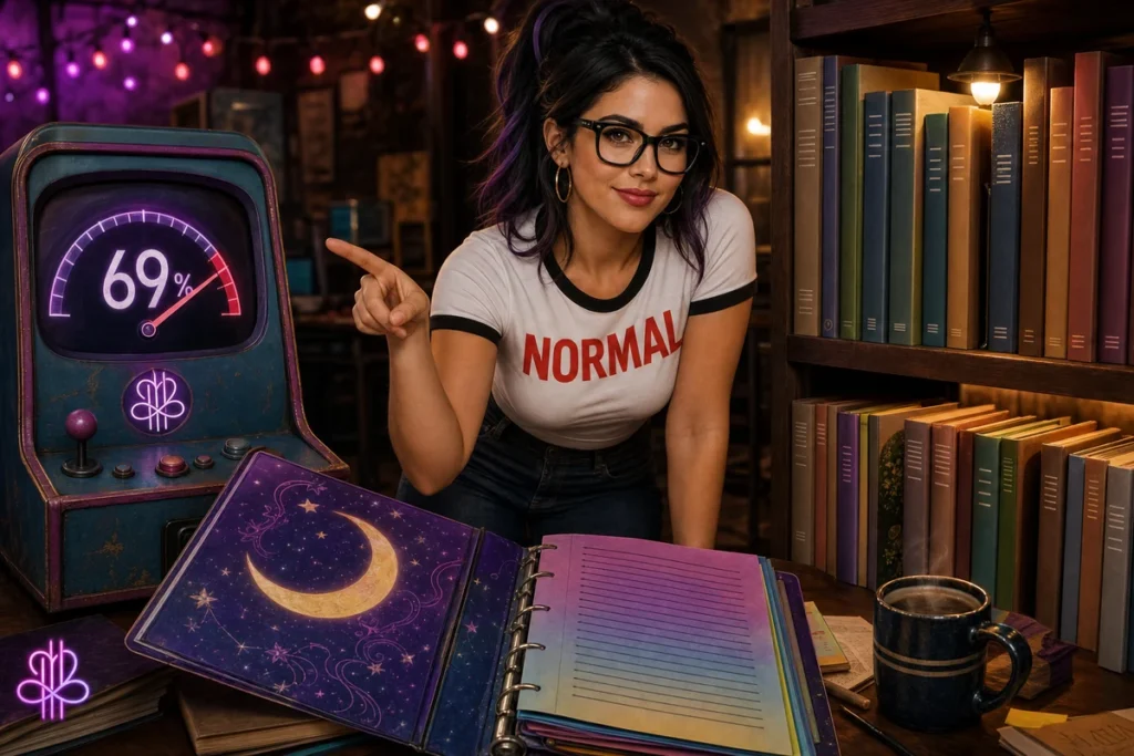 Blu points at a retro Normal-O-Meter reading 69 percent beside an open cosmic binder and a warmly lit library shelf.