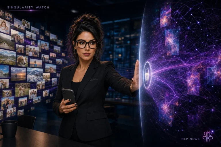Blu examines a phone as a camera roll dissolves into an AI image-generation stream behind it.