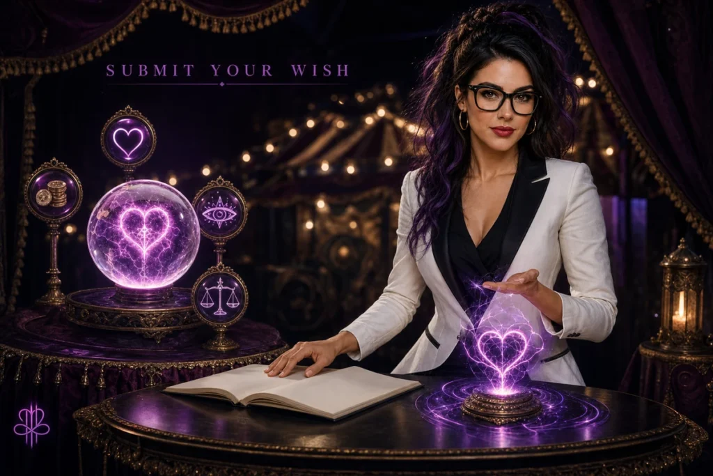 Wishmaster Blu stands at a violet carnival booth, translating a glowing wish orb beside symbolic plaques for love, wealth, recognition, and justice.