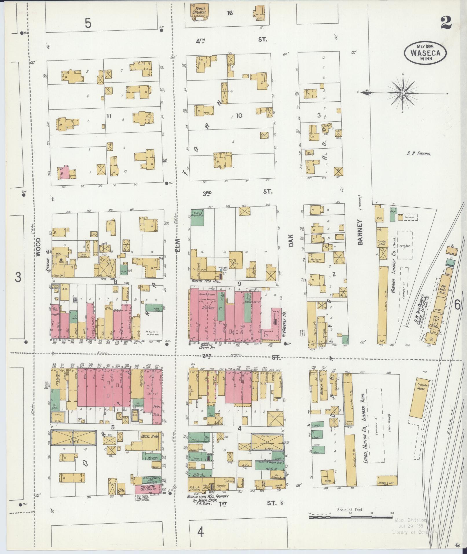 May 1899 fire insurance map of downtown Waseca, showing commercial blocks, City Hall and railroad-side buildings.
