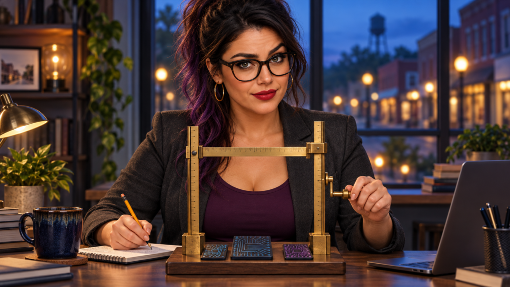 Fictional Blu adjusts a tabletop measuring bar beside circuit tiles and a notebook.