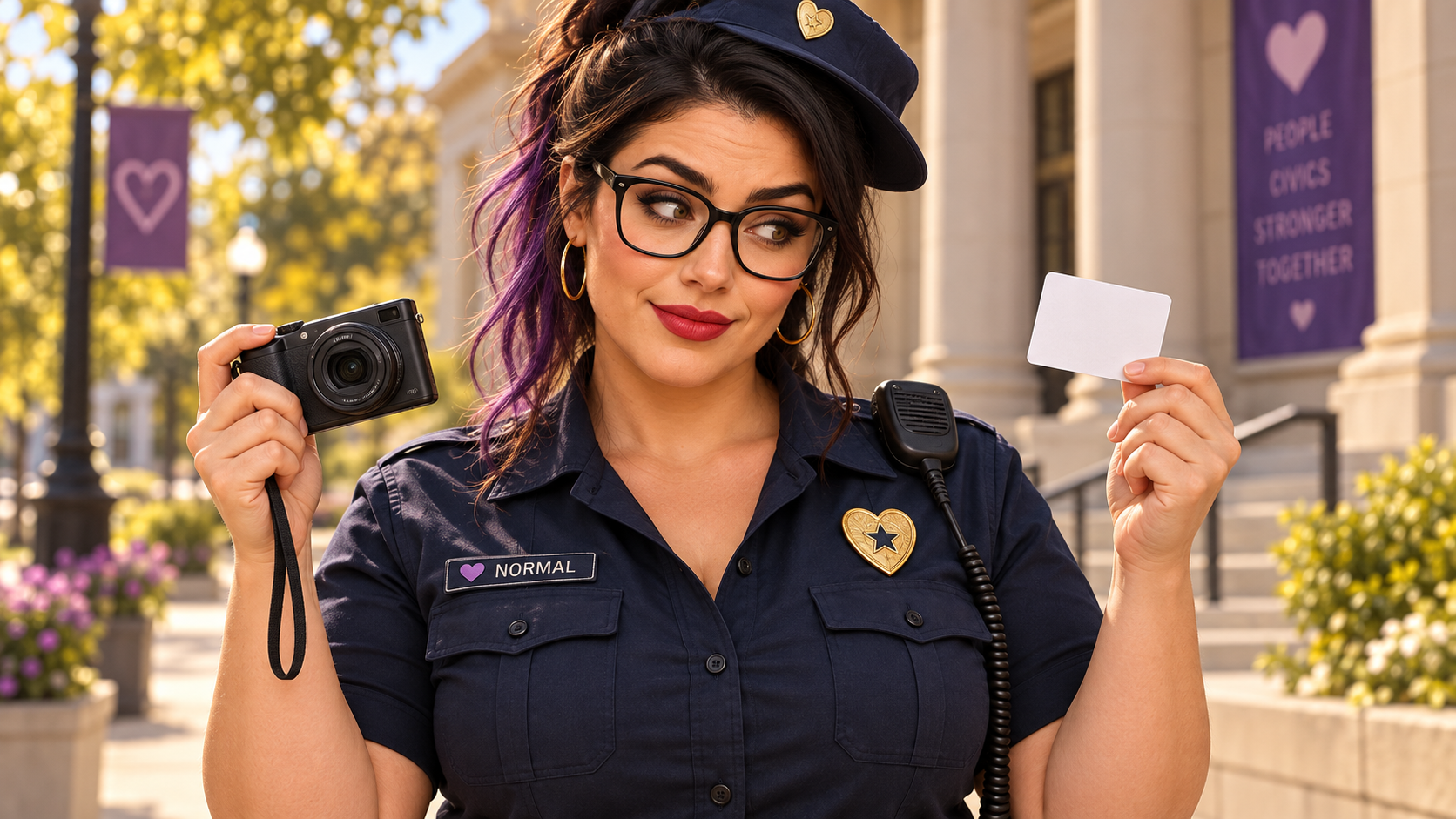 Officer Blu in a fictional navy uniform holds a camera and a blank press card with a questioning expression.