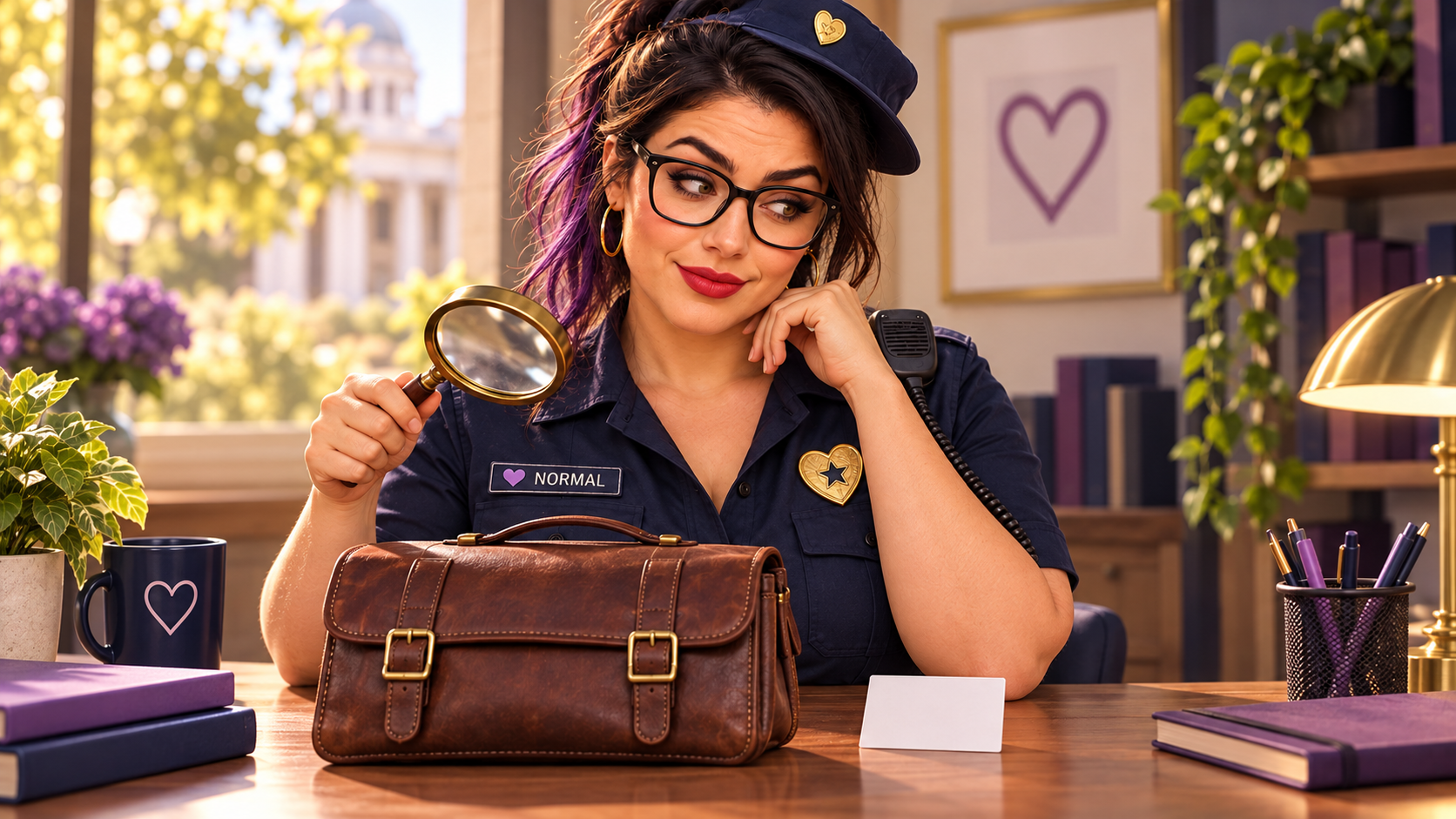 Fictional Officer Blu pauses with a magnifying glass above a closed satchel beside a blank card.