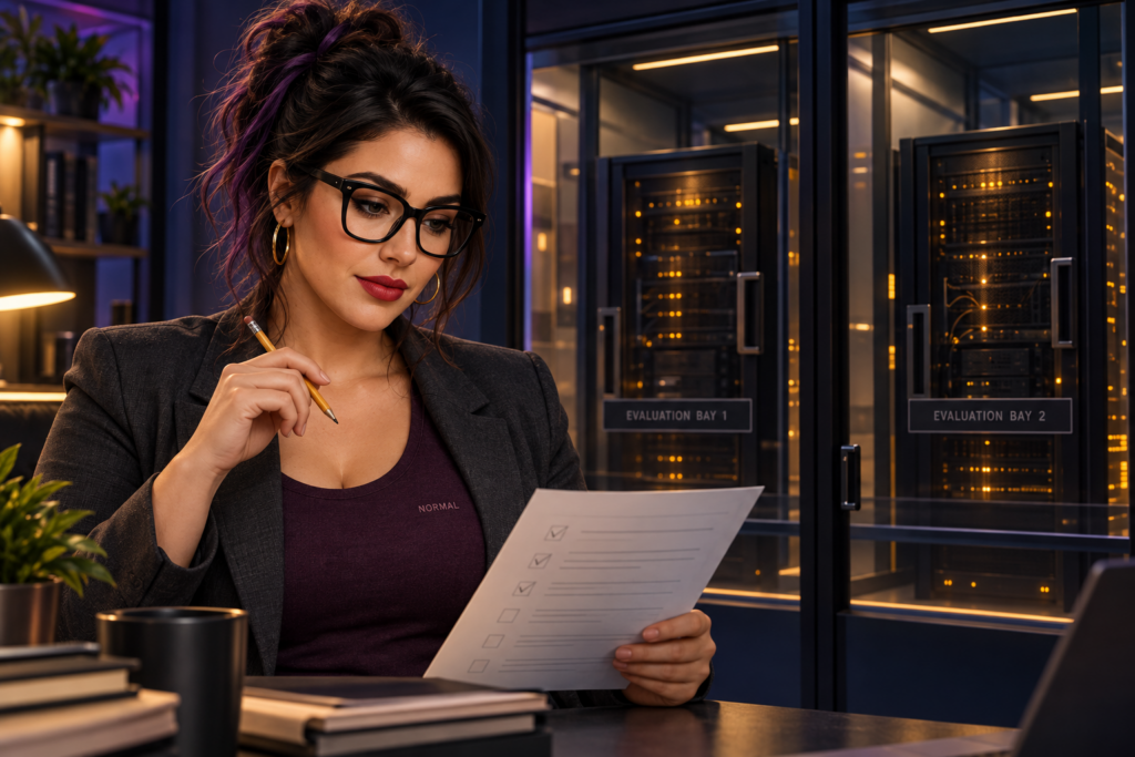 Blu reviews a checklist beside two separated evaluation bays behind glass in a fictional technology workspace.
