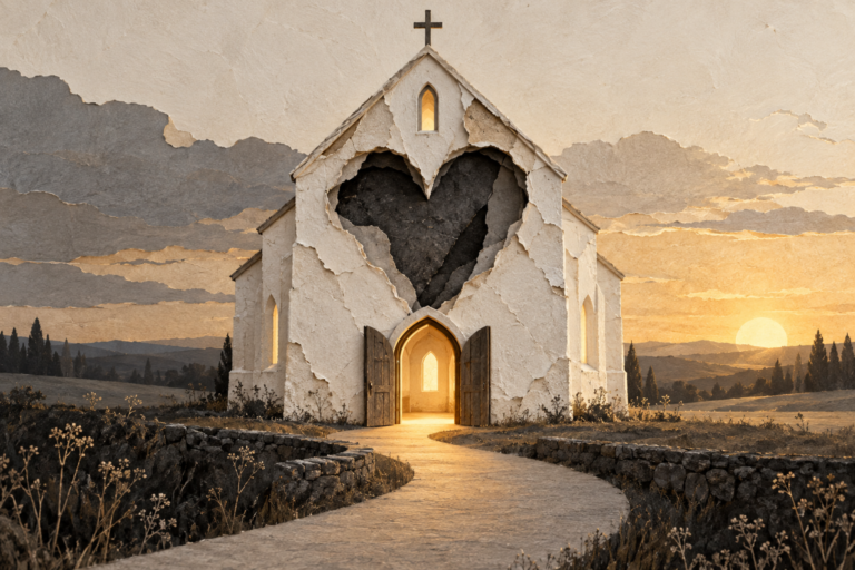 AI-created symbolic illustration of an imaginary whitewashed church with a dark heart-shaped hollow and a warmly lit open doorway.